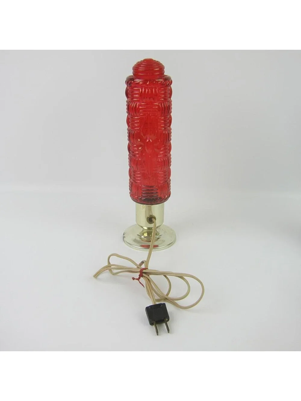 Vintage Torpedo Lamp Red Glass Basket Weave & Diamond Gold Base Art Deco WORKING